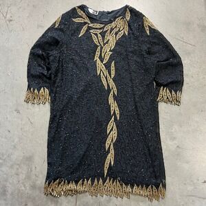 VTG Carina Women L Dress Black Gold Beaded Leaf Sequin Silk Lined Cocktail